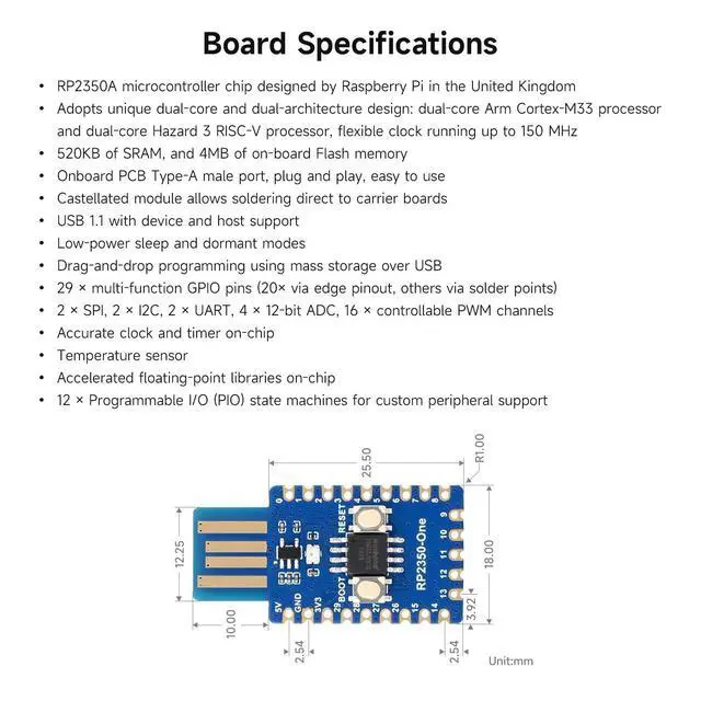Alt view image 4 of 7 - RP2350-One, Onboard PCB Type-A Plug, 4MB Flash MCU Board Based On RP2350A Dual-core & Dual-Architecture Microcontroller