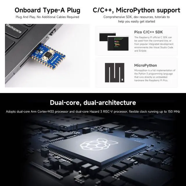Alt view image 5 of 7 - RP2350-One, Onboard PCB Type-A Plug, 4MB Flash MCU Board Based On RP2350A Dual-core & Dual-Architecture Microcontroller
