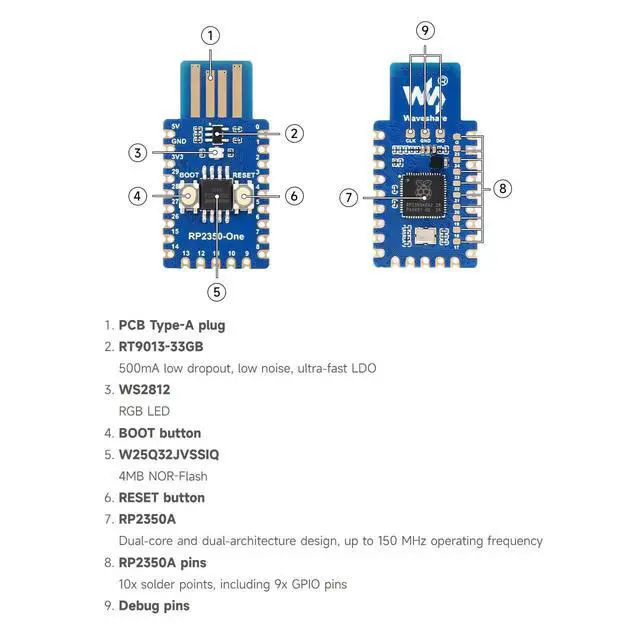 Alt view image 7 of 7 - RP2350-One, Onboard PCB Type-A Plug, 4MB Flash MCU Board Based On RP2350A Dual-core & Dual-Architecture Microcontroller