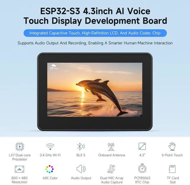 Alt view image 3 of 7 - ESP32-S3 4.3inch AI Voice Touch Display Development Board, 800 × 480 Resolution, 5-Point Touch, Dual-MIC Array, Supports 2.4GHz Wi-Fi & BLE 5, with Plastic Case