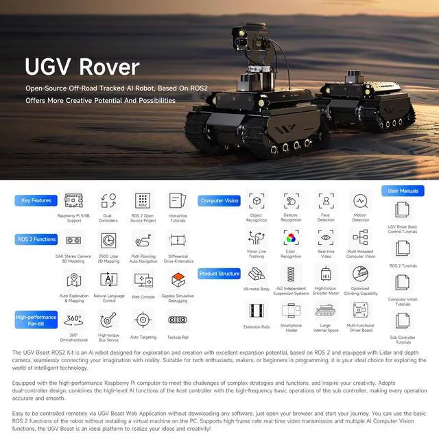 Alt view image 3 of 7 - UGV Beast ROS 2 Open-Source Off-Road Tracked AI Robot, Dual Controllers, Computer Vision, All-Metal Body, Flexible and Expandable, Compatible with 5 (Not Included)