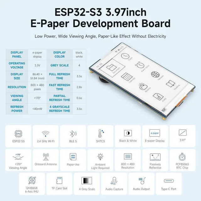 Alt view image 3 of 7 - ESP32-S3 3.97inch e-Paper Development Board, 800 × 480 Resolution, Supports Wi-Fi/BLE 5, and AI Voice Interaction, Onboard Microphone, Bundle with BAT, TF Card and Card Reader
