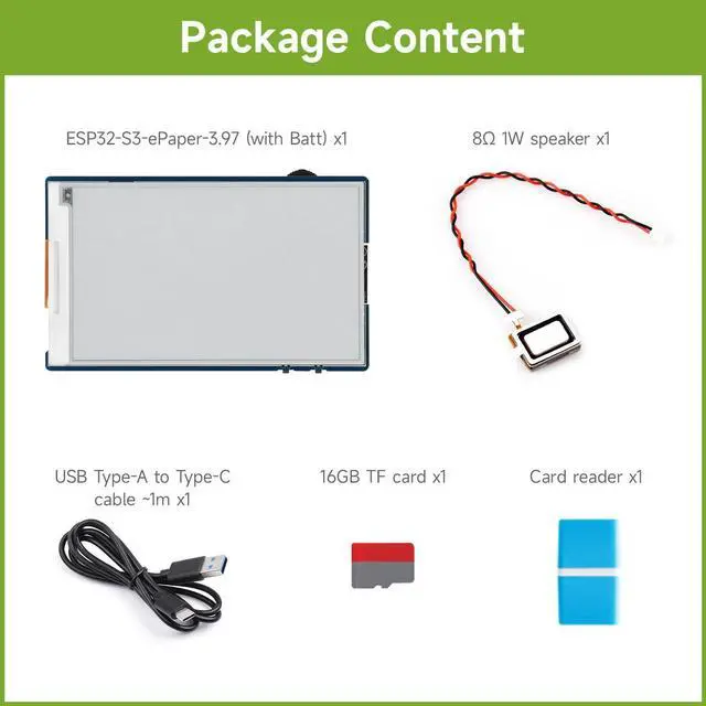Alt view image 2 of 7 - ESP32-S3 3.97inch e-Paper Development Board, 800 × 480 Resolution, Supports Wi-Fi/BLE 5, and AI Voice Interaction, Onboard Microphone, Bundle with BAT, TF Card and Card Reader