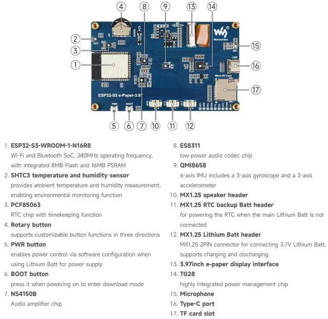 Alt view image 7 of 7 - ESP32-S3 3.97inch e-Paper Development Board, 800 × 480 Resolution, Supports Wi-Fi/BLE 5, and AI Voice Interaction, Onboard Microphone, Bundle with BAT, TF Card and Card Reader