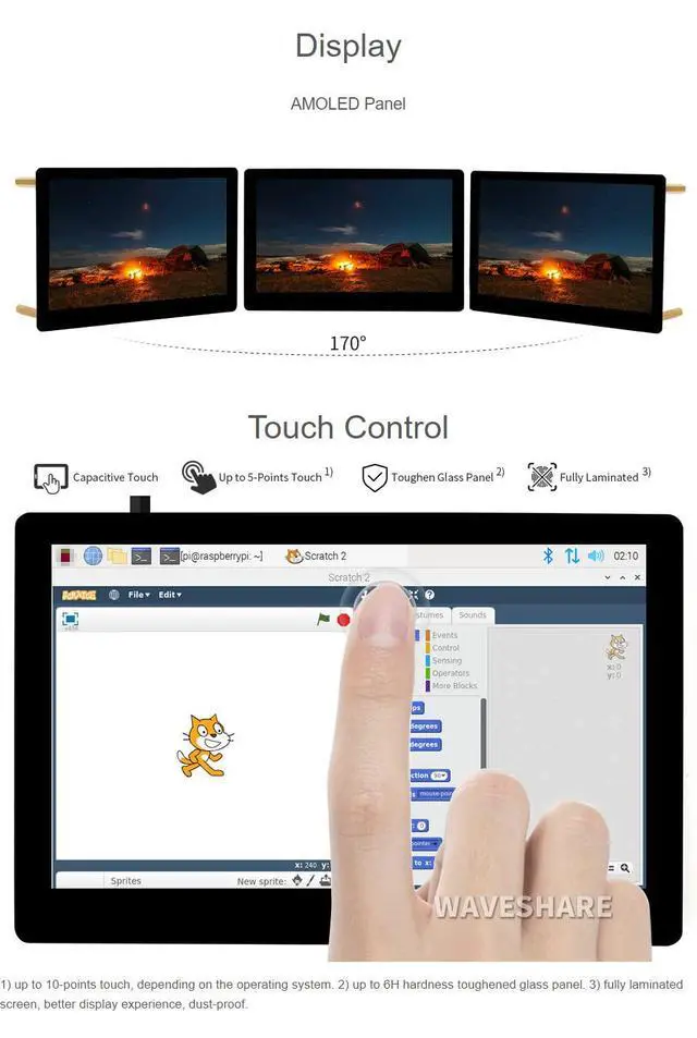 Alt view image 7 of 7 - 5inch Capacitive Touch AMOLED Display Compatible with 5/4B/3B+/3A+/2B/B+/A+/Zero/Zero W/WH/Zero 2W CM3+/4 960×544 Resolution HDMI Optical Bonding Supports Jetson Nano/Windows