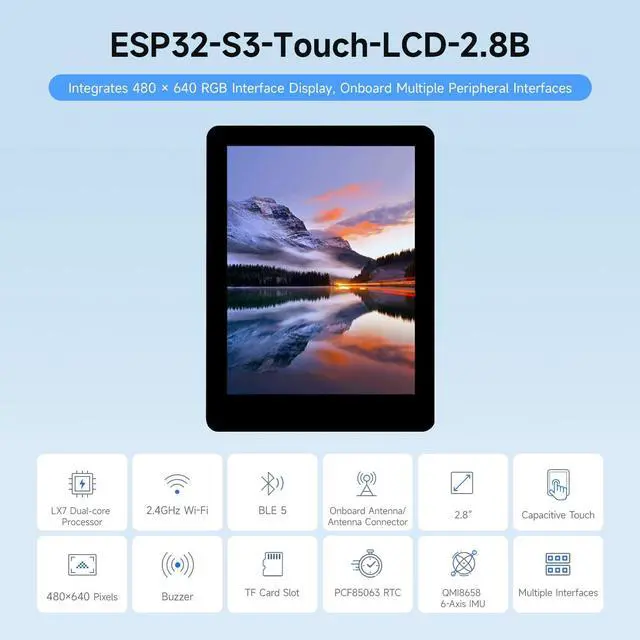 Alt view image 3 of 7 - ESP32-S3 2.8inch Display Development Board, 480×640, IPS, 32-bit LX7 Dual-core Processor, Up to 240MHz Frequency, Supports Wi-Fi & BLT, ESP32 with Display, Without Touch Function