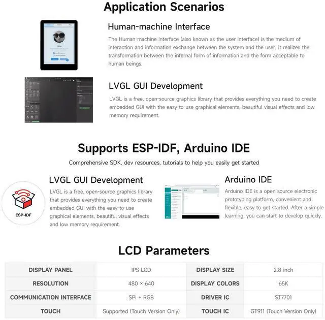 Alt view image 5 of 7 - ESP32-S3 2.8inch Display Development Board, 480×640, IPS, 32-bit LX7 Dual-core Processor, Up to 240MHz Frequency, Supports Wi-Fi & BLT, ESP32 with Display, Without Touch Function