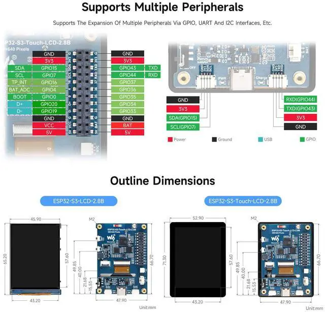 Alt view image 7 of 7 - ESP32-S3 2.8inch Display Development Board, 480×640, IPS, 32-bit LX7 Dual-core Processor, Up to 240MHz Frequency, Supports Wi-Fi & BLT, ESP32 with Display, Without Touch Function