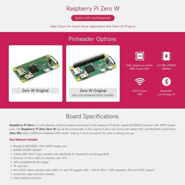 Alt view image 3 of 7 - Development Kit Compatible with Zero WH (Built-in WiFi, Pre-Soldered Headers) Bundle with Mini HDMI to HDMI Adapter Micro USB OTG Cable (3 Items)