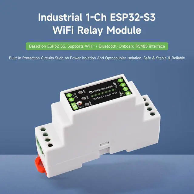 Alt view image 3 of 7 - Industrial 1-Channel ESP32-S3 WiFi Relay Module, Wi-Fi/Bluetooth Support, Onboard RS485 Interface, Multiple Isolation Protection Circuits, Industrial-Grade Rail-Mount Enclosure