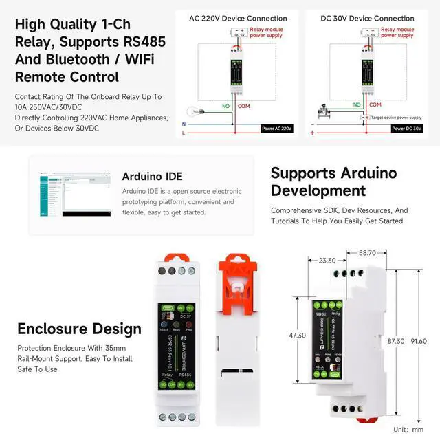 Alt view image 6 of 7 - Industrial 1-Channel ESP32-S3 WiFi Relay Module, Wi-Fi/Bluetooth Support, Onboard RS485 Interface, Multiple Isolation Protection Circuits, Industrial-Grade Rail-Mount Enclosure