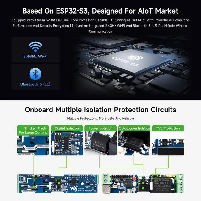 Alt view image 5 of 7 - Industrial 1-Channel ESP32-S3 WiFi Relay Module, Wi-Fi/Bluetooth Support, Onboard RS485 Interface, Multiple Isolation Protection Circuits, Industrial-Grade Rail-Mount Enclosure