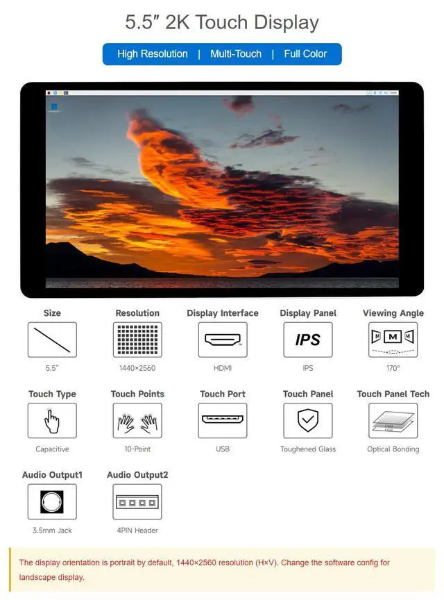 Alt view image 3 of 6 - 5.5inch 2K Capacitive Touch LCD Display Compatible with 5/4B/3B+/Pi 3B/Zero 2w/Zero w and CM4 Supports Windows 11/10/8.1/8/7,wihout Case