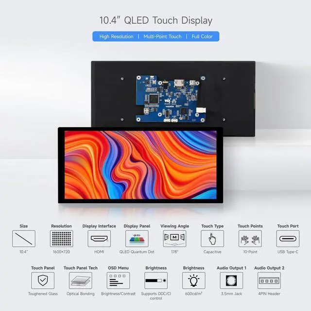 Alt view image 3 of 7 - 10.4inch QLED Quantum Dot Display, 1600×720 Resolution, Compatible with 5/4B/3B/Zero/Zero W/Zero 2W/Pico/Pico W/Pico WH, Jetson Nano and PC