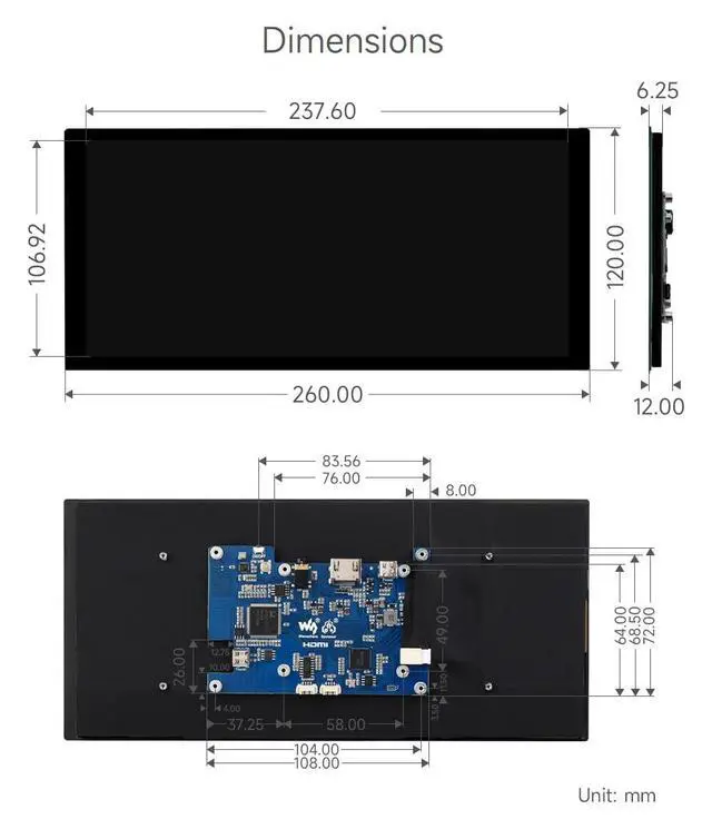 Alt view image 7 of 7 - 10.4inch QLED Quantum Dot Display, 1600×720 Resolution, Compatible with 5/4B/3B/Zero/Zero W/Zero 2W/Pico/Pico W/Pico WH, Jetson Nano and PC