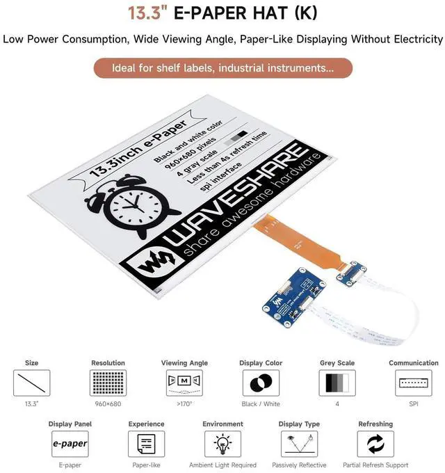 Alt view image 3 of 7 - 13.3inch E-Ink Display HAT (K) for , SPI Interface, Low Power Consumption, Wide Viewing Angle, Paper-Like Displaying Without Electricity