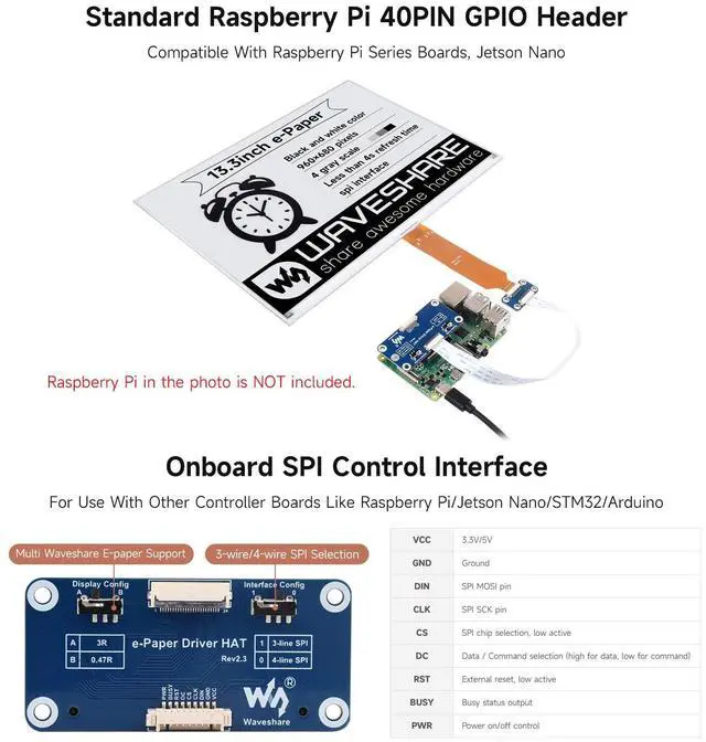 Alt view image 6 of 7 - 13.3inch E-Ink Display HAT (K) for , SPI Interface, Low Power Consumption, Wide Viewing Angle, Paper-Like Displaying Without Electricity