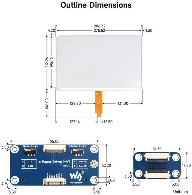 Alt view image 7 of 7 - 13.3inch E-Ink Display HAT (K) for , SPI Interface, Low Power Consumption, Wide Viewing Angle, Paper-Like Displaying Without Electricity