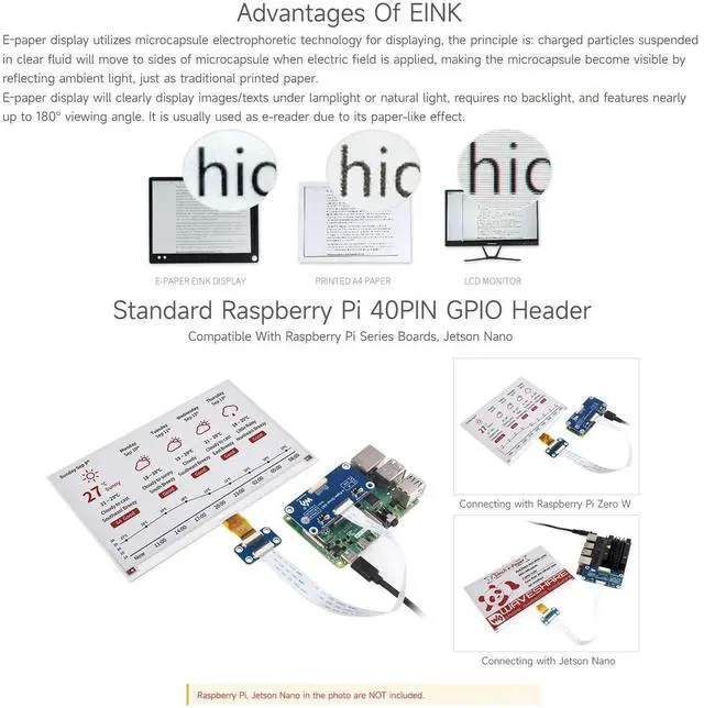 Alt view image 5 of 7 - 7.5inch E-Paper E-Ink Display HAT Compatible with 5/4B/3B/Zero/Zero W/Zero 2W/Pico/Pico W/Pico WH, 800×480 Pixels Red/Black/White Three-Color SPI Interface