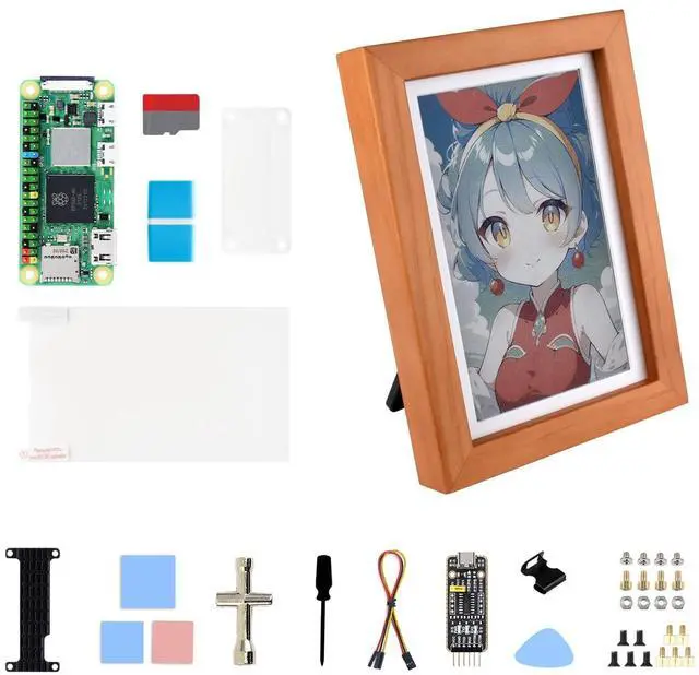 Main image of 7.3inch E6 Full Color E-Paper with Solid Wood Photo Frame for Zero, Ultra-Long Standby, 800 × 480 Resolution, Bundle with Pi Zero 2 WHC, No Batt.
