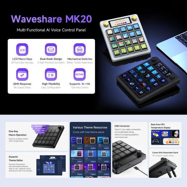 Alt view image 3 of 7 - MK20 AI Voice Control Panel, Onboard 20 × 0.85inch Mechanical LCD Macro Keys and A 2.8inch Secondary Screen, High-Precision Dual Knobs, Supports Linux + QMK Dual-System Architecture, Black
