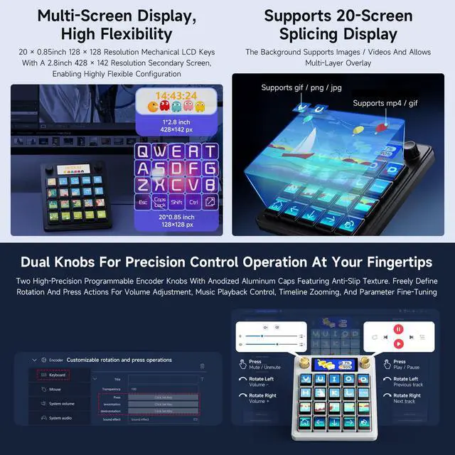 Alt view image 4 of 7 - MK20 AI Voice Control Panel, Onboard 20 × 0.85inch Mechanical LCD Macro Keys and A 2.8inch Secondary Screen, High-Precision Dual Knobs, Supports Linux + QMK Dual-System Architecture, Black
