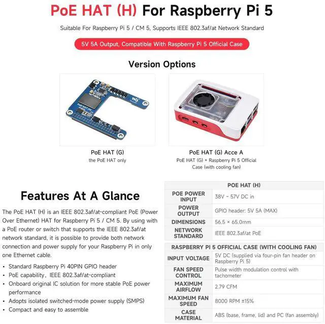 Alt view image 3 of 5 - Power Over Ethernet HAT (H), Compatible with 5 / CM 5, 5V 5A Output, Stable Performance, Supports 802.3af/at Network, Isolated Switched-Mode Power Supply, PoE HAT, Board ONLY