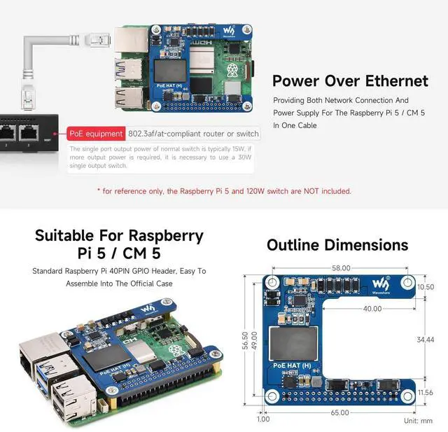 Alt view image 4 of 5 - Power Over Ethernet HAT (H), Compatible with 5 / CM 5, 5V 5A Output, Stable Performance, Supports 802.3af/at Network, Isolated Switched-Mode Power Supply, PoE HAT, Board ONLY