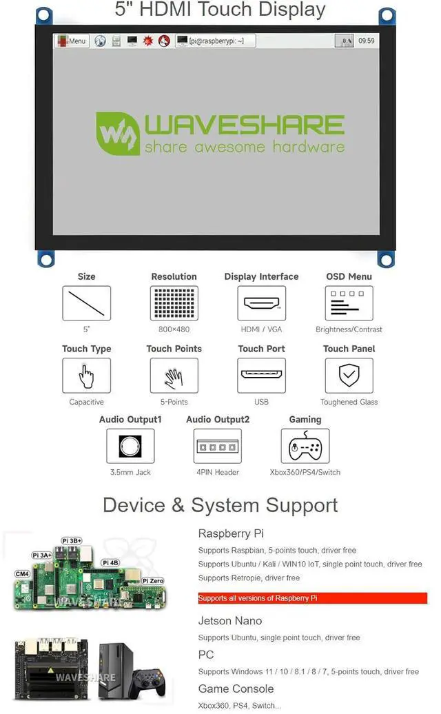 Alt view image 3 of 7 - 5inch Capacitive Touch Screen LCD Compatible with 5/4B/3B+/3A+/2B/B+/A+/Zero/Zero W/WH/Zero 2W CM3+/4 Series Boards 800×480 Resolution HDMI Supports Windows 11/10 / 8.1/8 / 7