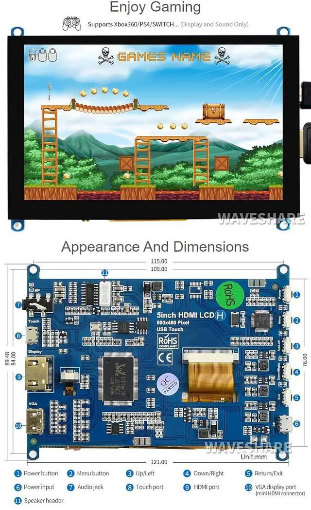 Alt view image 6 of 7 - 5inch Capacitive Touch Screen LCD Compatible with 5/4B/3B+/3A+/2B/B+/A+/Zero/Zero W/WH/Zero 2W CM3+/4 Series Boards 800×480 Resolution HDMI Supports Windows 11/10 / 8.1/8 / 7