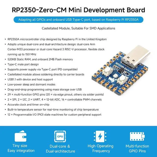 Alt view image 3 of 5 - RP2350-Zero-CM Mini Development Board, Dual-core and Architecture