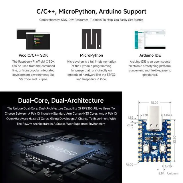 Alt view image 4 of 5 - RP2350-Zero-CM Mini Development Board, Dual-core and Architecture