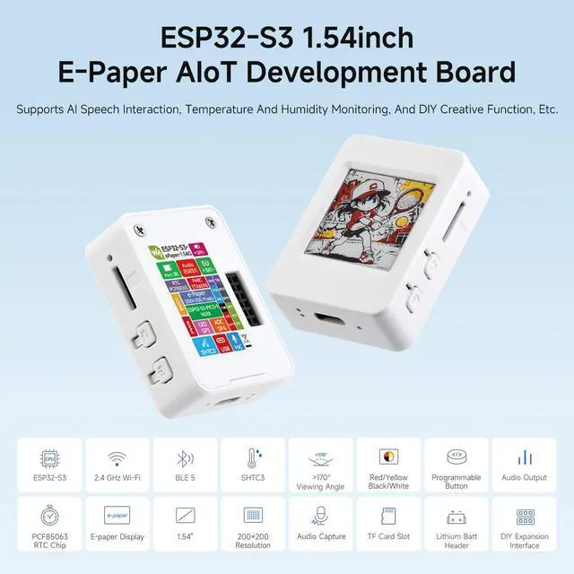 Alt view image 3 of 7 - ESP32-S3 1.54inch e-Paper (G) AIoT Development Board, 200 × 200 Resolution, Red/Yellow/Black/White, Supports Wi-Fi and BLE Dual-Mode Communication, No BAT