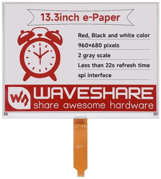 Main image of 13.3inch E-Paper Display (B), Compatible with 5/4B/3B+/3B/2B/B+/A+/Zero/Zero W/WH/Zero 2W Series Boards,960×680 Pixels, Red/Black/White, Raw E-Ink Display Without Driver HAT
