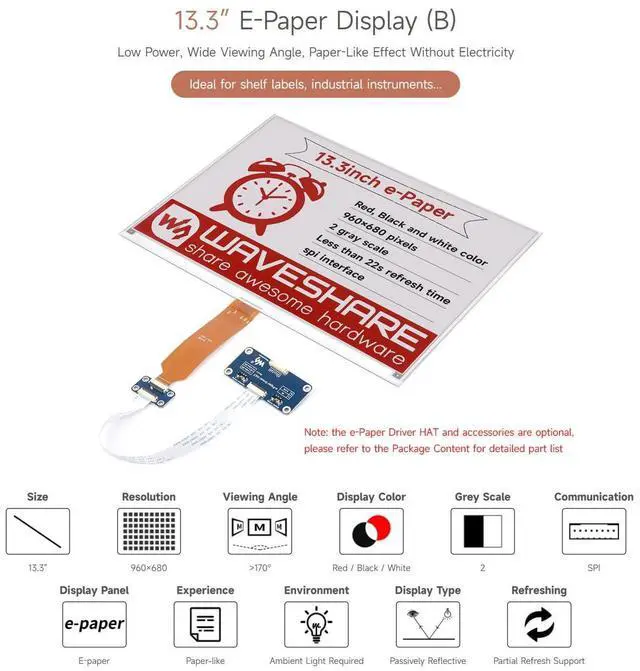 Alt view image 2 of 7 - 13.3inch E-Paper Display (B), Compatible with 5/4B/3B+/3B/2B/B+/A+/Zero/Zero W/WH/Zero 2W Series Boards,960×680 Pixels, Red/Black/White, Raw E-Ink Display Without Driver HAT