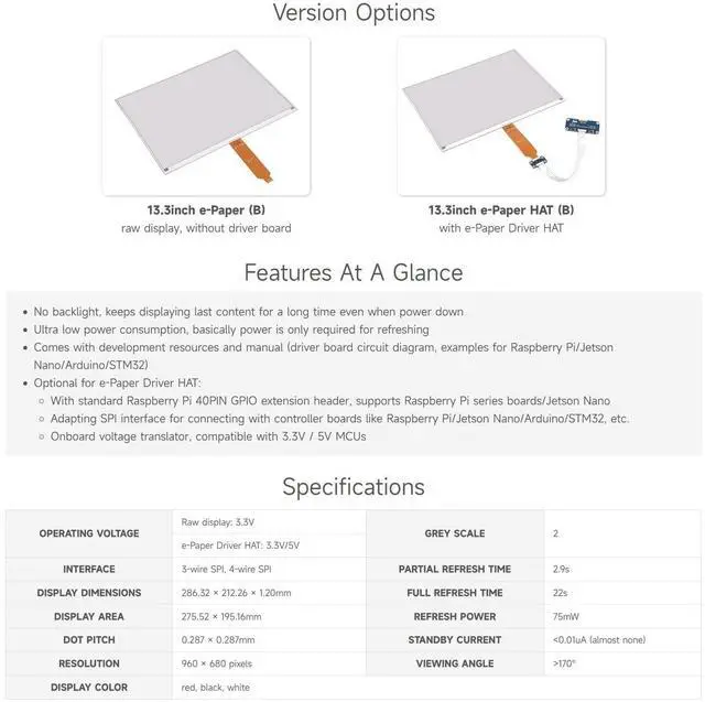 Alt view image 3 of 7 - 13.3inch E-Paper Display (B), Compatible with 5/4B/3B+/3B/2B/B+/A+/Zero/Zero W/WH/Zero 2W Series Boards,960×680 Pixels, Red/Black/White, Raw E-Ink Display Without Driver HAT