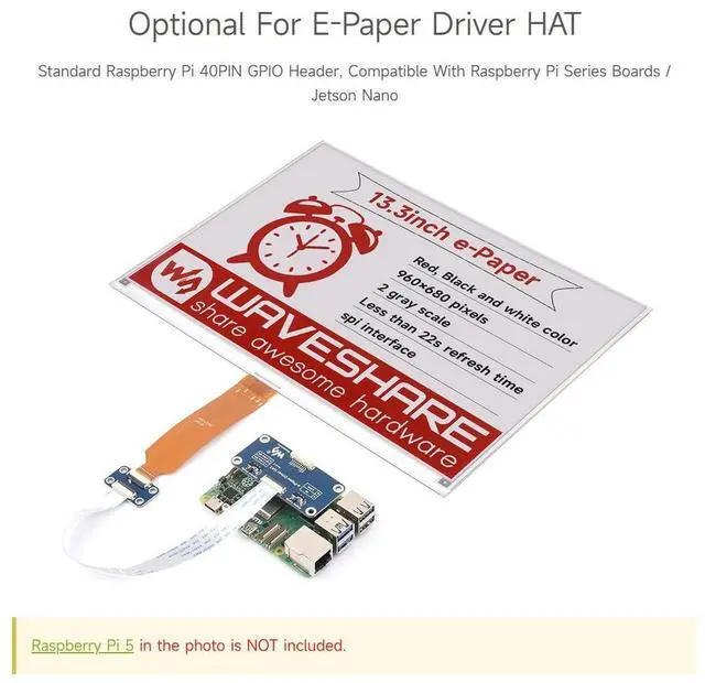 Alt view image 5 of 7 - 13.3inch E-Paper Display (B), Compatible with 5/4B/3B+/3B/2B/B+/A+/Zero/Zero W/WH/Zero 2W Series Boards,960×680 Pixels, Red/Black/White, Raw E-Ink Display Without Driver HAT