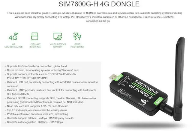 Alt view image 2 of 7 - SIM7600G-H 4G DONGLE with Antenna with Industrial Grade 4G Communication and GNSS Positioning Peripheral Supports Global Band.
