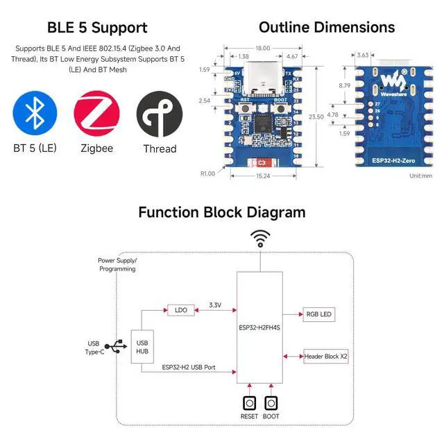 Alt view image 5 of 6 - ESP32-H2 Mini Development Board with ESP32-H2FH4S, 96MHz Processor, 4MB Flash, Support BLE/Zigbee/Thread Wireless Communication