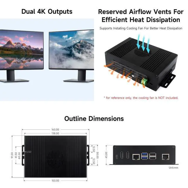 Alt view image 6 of 7 - M.2 NVME PCIE Case for 5, with 2X HDMI Ports, Support 2X 4K Video Output/Efficient Cooling, Aluminum Alloy Case, with PCIe to M.2 Board, Support PCIe Extending to M.2 Interface