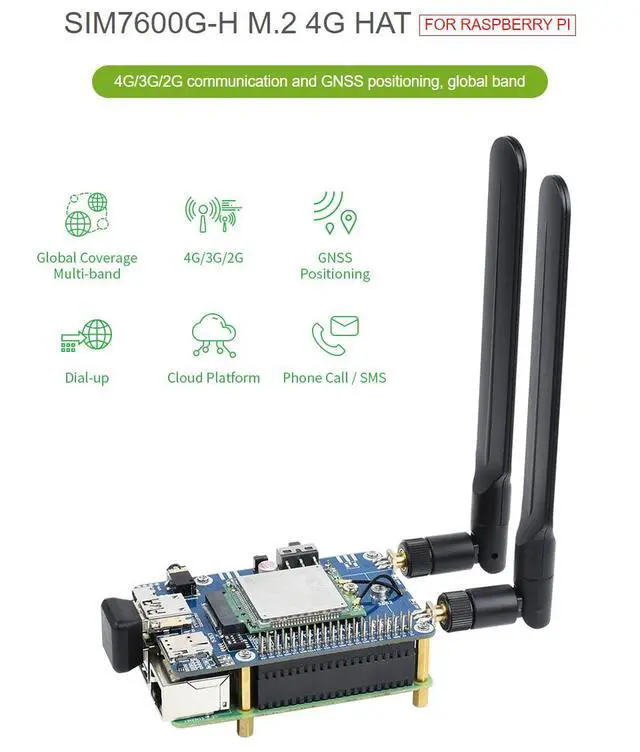 Alt view image 2 of 7 - SIM7600G-H M.2 4G HAT, Compatible with 5/4B/3B/Zero/Zero W/Zero 2W/Pico/Pico W/Pico WH, LTE CAT4 High Speed Global Coverage Multi Band 4G/3G/2G, GNSS