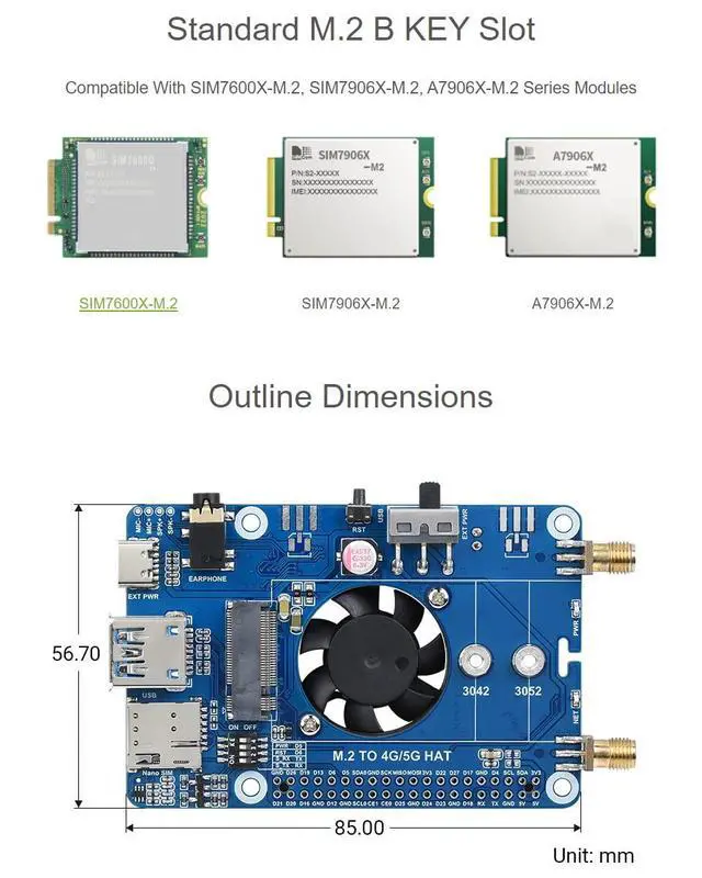 Alt view image 6 of 7 - SIM7600G-H M.2 4G HAT, Compatible with 5/4B/3B/Zero/Zero W/Zero 2W/Pico/Pico W/Pico WH, LTE CAT4 High Speed Global Coverage Multi Band 4G/3G/2G, GNSS