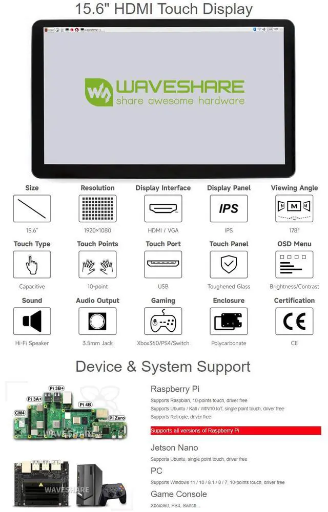 Alt view image 4 of 7 - 15.6inch Capacitive Touch Screen LCD with Case Compatible with 4B/3B+/3A+/2B/B+/A+/Zero/Zero W/WH/Zero 2W CM3+/4 1920×1080 Resolution HDMI IPS Supports Jetson Nano/Windows