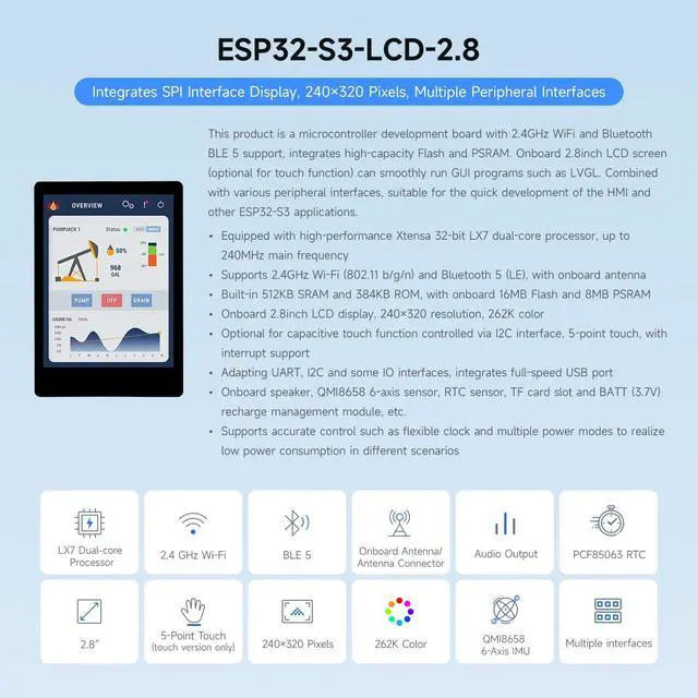 Alt view image 3 of 7 - ESP32-S3 2.8inch Display Development Board, 240×320, IPS, 32-bit LX7 Dual-core Processor, Up to 240MHz Frequency, Supports WiFi & Bluetooth, Without Touch Function