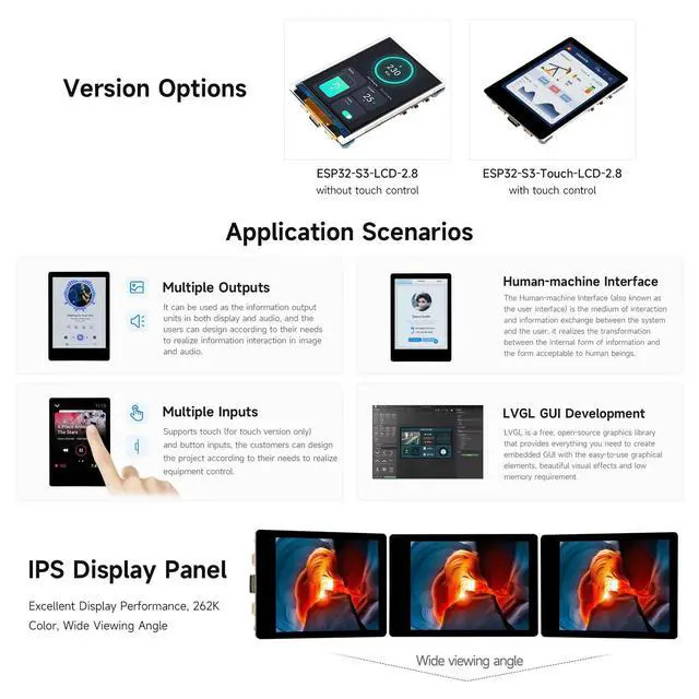Alt view image 4 of 7 - ESP32-S3 2.8inch Display Development Board, 240×320, IPS, 32-bit LX7 Dual-core Processor, Up to 240MHz Frequency, Supports WiFi & Bluetooth, Without Touch Function