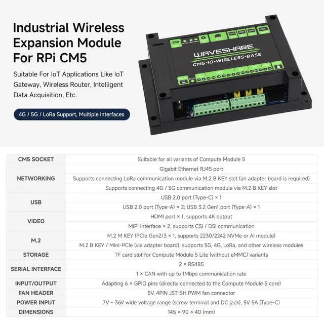 Alt view image 3 of 7 - Industrial IoT Wireless Expansion Board, Compatible with CM5, 4G/5G/LoRa, Gigabit Ethernet RJ45 Port, Dual MIPI interfaces, Supports 4K Output