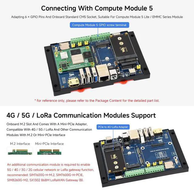 Alt view image 4 of 7 - Industrial IoT Wireless Expansion Board, Compatible with CM5, 4G/5G/LoRa, Gigabit Ethernet RJ45 Port, Dual MIPI interfaces, Supports 4K Output