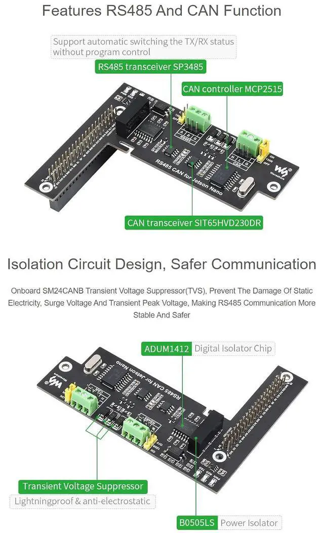 Alt view image 5 of 7 - RS485 CAN Expansion Board for Jetson Nano Digital Isolation Built-in Protection Circuit Onboard CAN Controller/Transient Voltage Suppressor/Digital Isolation Chip