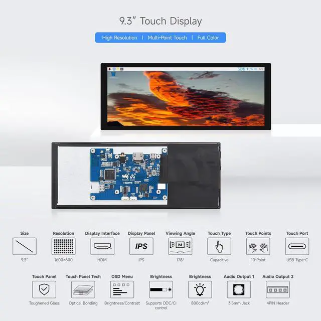 Alt view image 3 of 7 - 9.3inch Capacitive Touch Display, 1600×600 Resolution, 5/4B/3B/Zero/Zero W/Zero 2W/Pico/Pico W/Pico WH, Support Jetson Nano/Jetson Orin Nano, Supports Windows 11/10/8.1/8/7