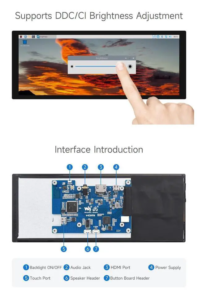Alt view image 6 of 7 - 9.3inch Capacitive Touch Display, 1600×600 Resolution, 5/4B/3B/Zero/Zero W/Zero 2W/Pico/Pico W/Pico WH, Support Jetson Nano/Jetson Orin Nano, Supports Windows 11/10/8.1/8/7